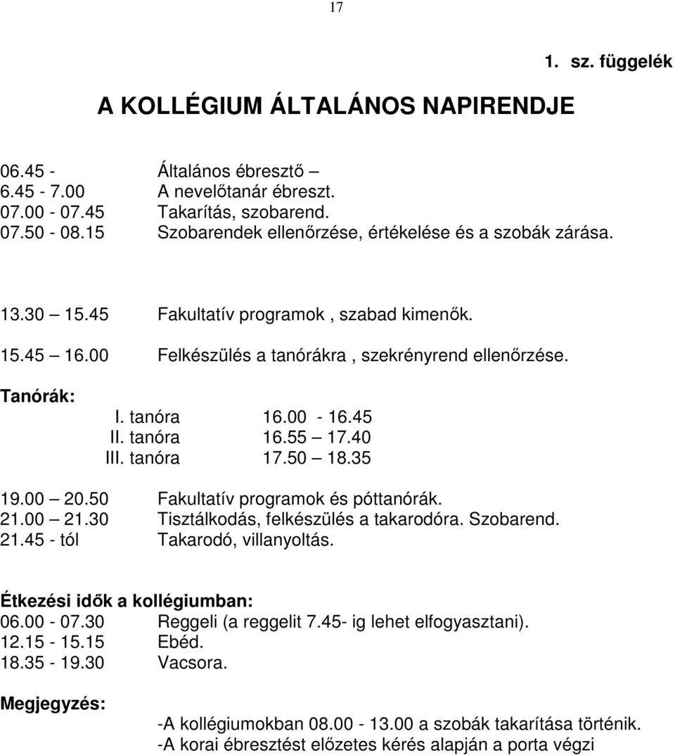 45 II. tanóra 16.55 17.40 III. tanóra 17.50 18.35 19.00 20.50 Fakultatív programok és póttanórák. 21.00 21.30 Tisztálkodás, felkészülés a takarodóra. Szobarend. 21.45 - tól Takarodó, villanyoltás.