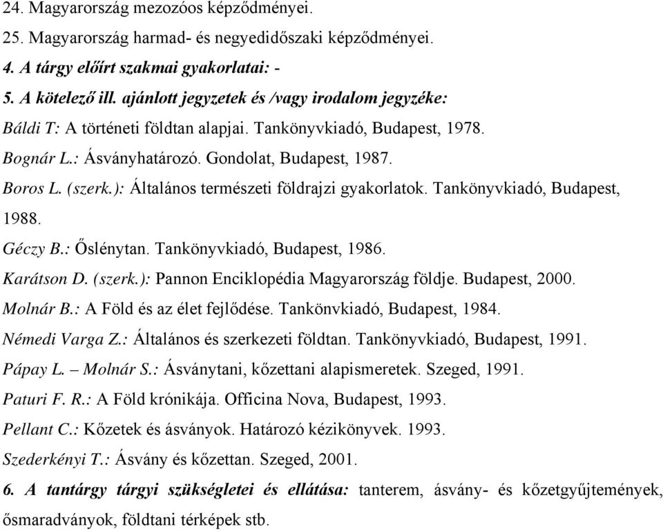 ): Általános természeti földrajzi gyakorlatok. Tankönyvkiadó, Budapest, 1988. Géczy B.: Őslénytan. Tankönyvkiadó, Budapest, 1986. Karátson D. (szerk.): Pannon Enciklopédia Magyarország földje.