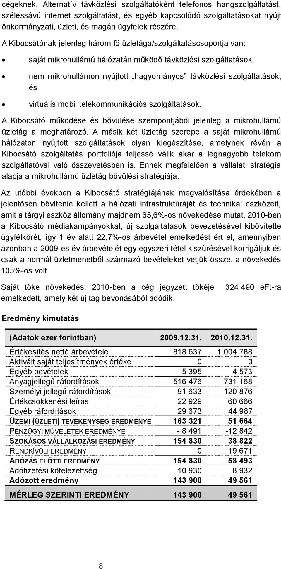 A Kibocsátónak jelenleg három fő üzletága/szolgáltatáscsoportja van: saját mikrohullámú hálózatán működő távközlési szolgáltatások, nem mikrohullámon nyújtott hagyományos távközlési szolgáltatások,