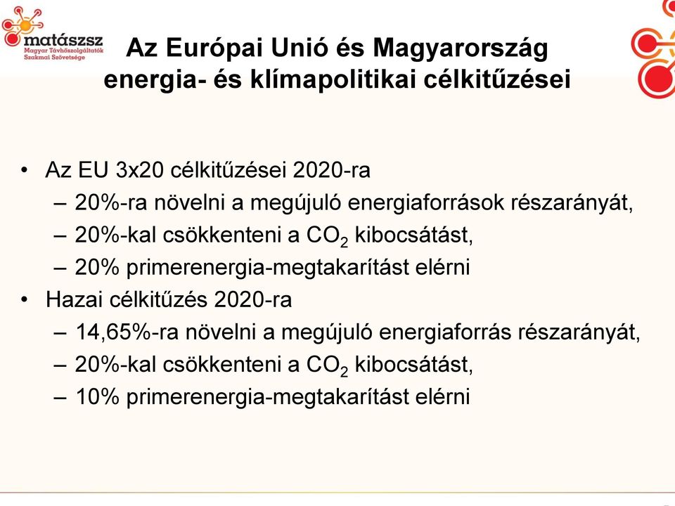kibocsátást, 20% primerenergia-megtakarítást elérni Hazai célkitűzés 2020-ra 14,65%-ra növelni a
