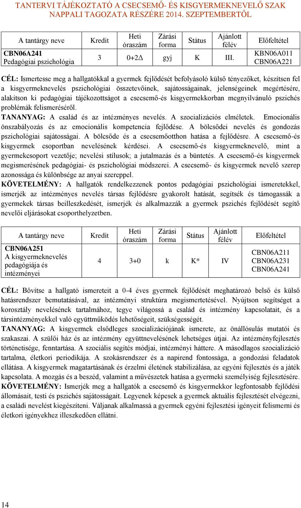 megértésére, alakítson ki pedagógiai tájékozottságot a csecsemőés kisgyermekkorban megnyilvánuló pszichés problémák felismeréséről. TANANYAG: A család és az intézményes nevelés.