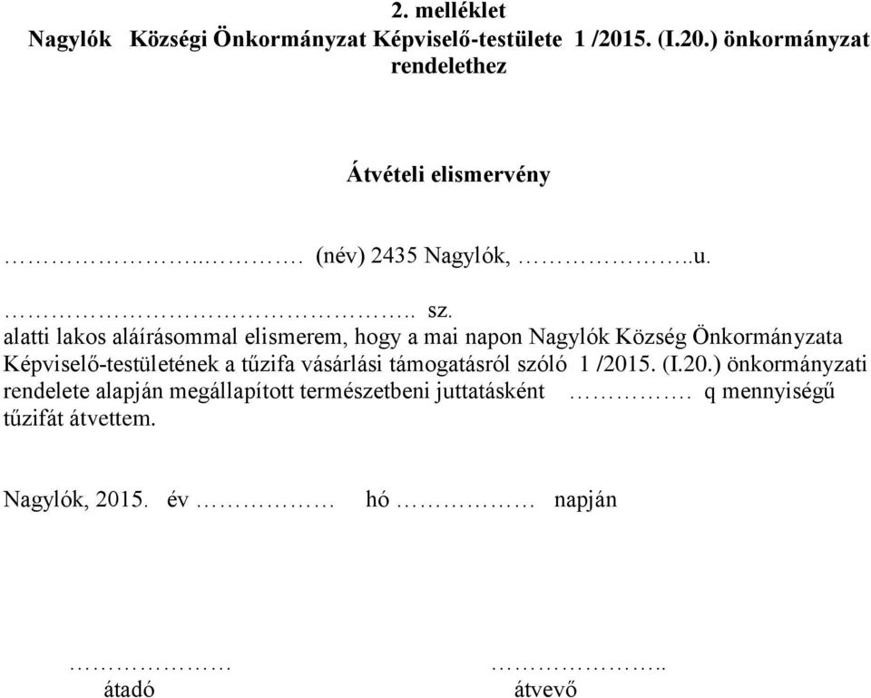 alatti lakos aláírásommal elismerem, hogy a mai napon Nagylók Község Önkormányzata Képviselő testületének a tűzifa