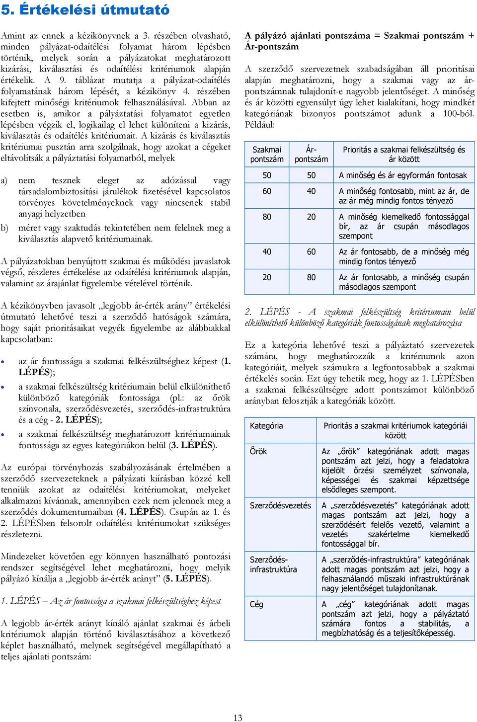 táblázat mutatja a pályázat-odaítélés folyamatának három lépését, a kézikönyv 4. részében kifejtett minőségi kritériumok felhasználásával.