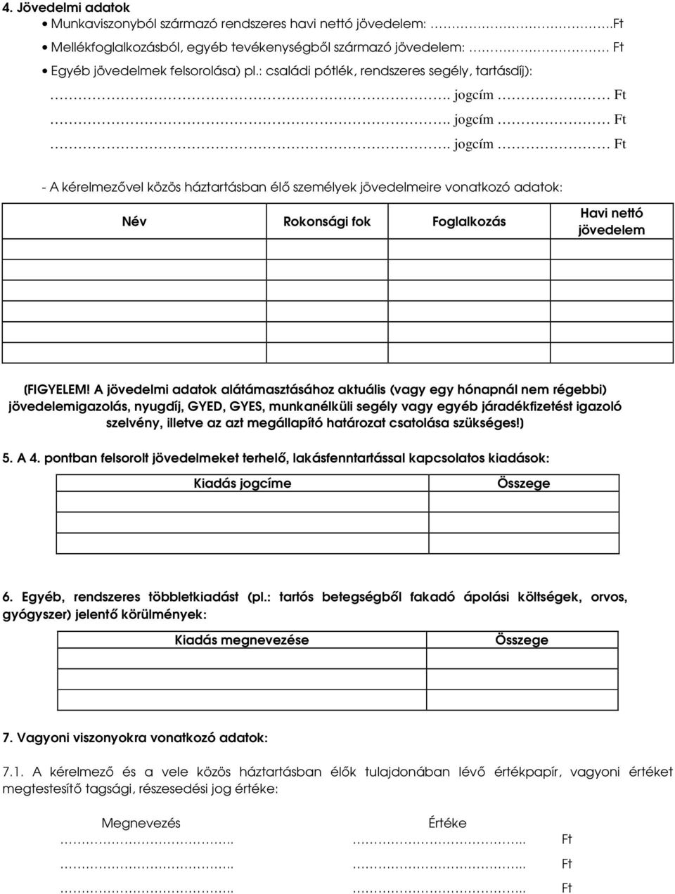 A jövedelmi adatok alátámasztásához aktuális (vagy egy hónapnál nem régebbi) jövedelemigazolás, nyugdíj, GYED, GYES, munkanélküli segély vagy egyéb járadékfizetést igazoló szelvény, illetve az azt