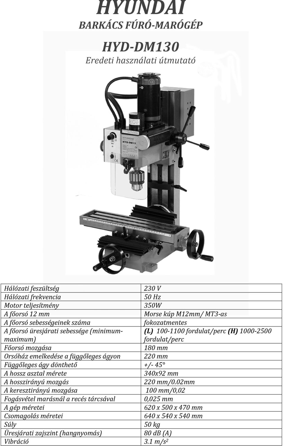 mozgása Fogásvétel marásnál a recés tárcsával A gép méretei Csomagolás méretei Súly Üresjárati zajszint (hangnyomás) Vibráció 230 V 50 Hz 350W Morse kúp M12mm/ MT3- as