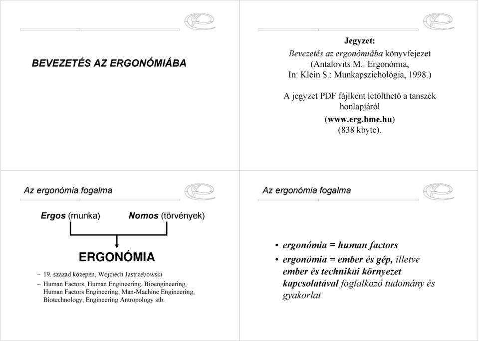 Az ergonómia fogalma Az ergonómia fogalma Ergos (munka) Nomos (törvények) ERGONÓMIA 19.