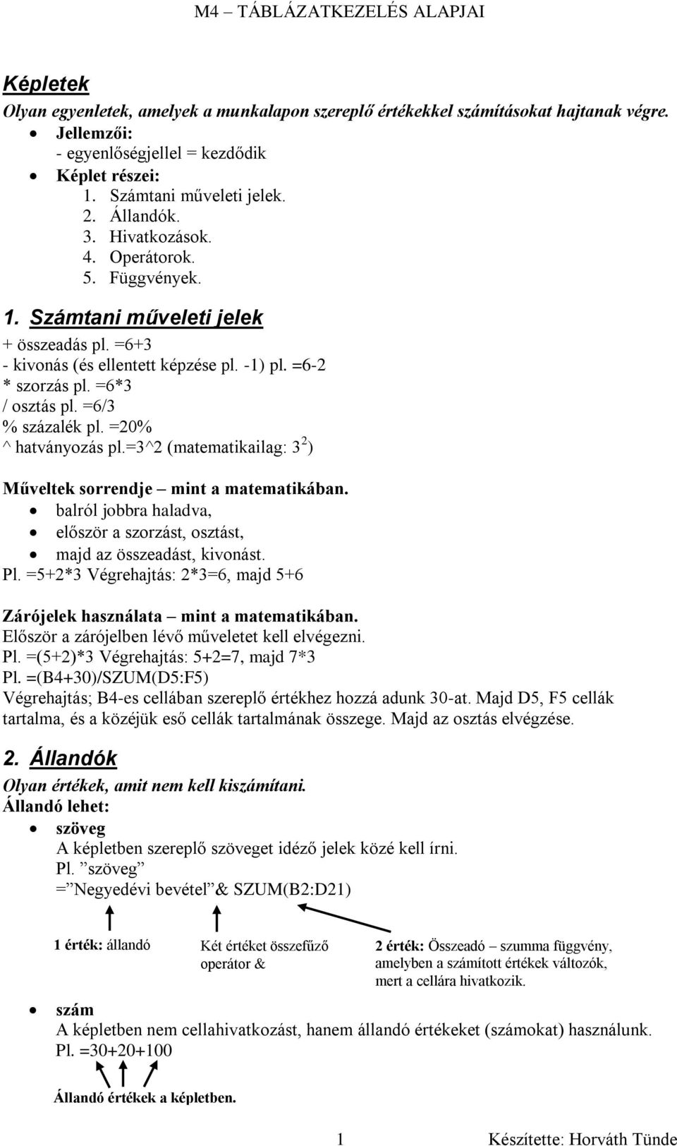 =20% ^ hatványozás pl.=3^2 (matematikailag: 3 2 ) Műveltek sorrendje mint a matematikában. balról jobbra haladva, először a szorzást, osztást, majd az összeadást, kivonást. Pl.