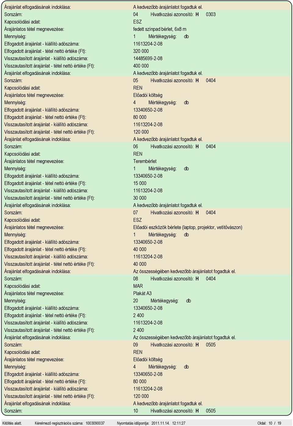 Elfogadott árajánlat - tétel nettó értéke (Ft): 80 000 Visszautasított árajánlat - tétel nettó értéke (Ft): 120 000 Sorszám: 06 Hivatkozási azonosító: H 0404 REN Terembérlet Elfogadott árajánlat -