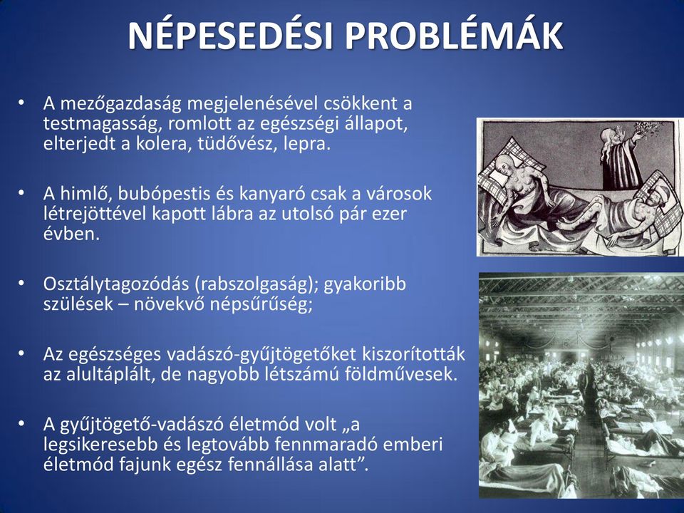 Osztálytagozódás (rabszolgaság); gyakoribb szülések növekvő népsűrűség; Az egészséges vadászó-gyűjtögetőket kiszorították az