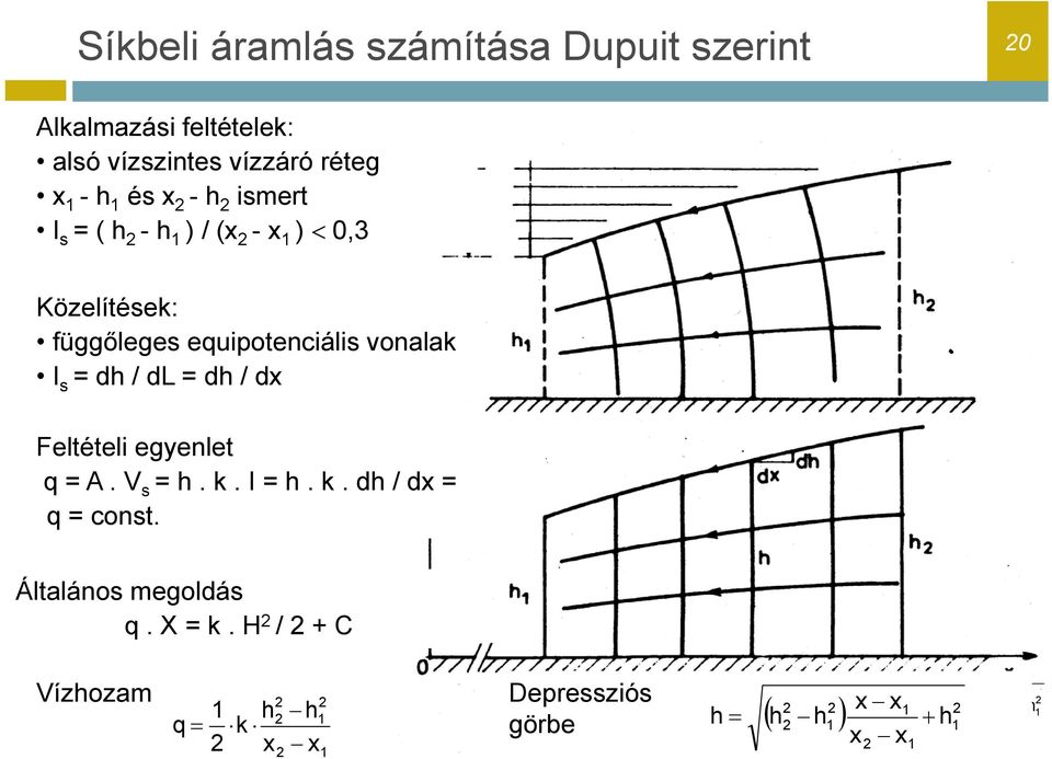 vonalak I s = d / dl = d / dx Feltételi egyenlet q = A. V s =. k. I =. k. d / dx = q = const.