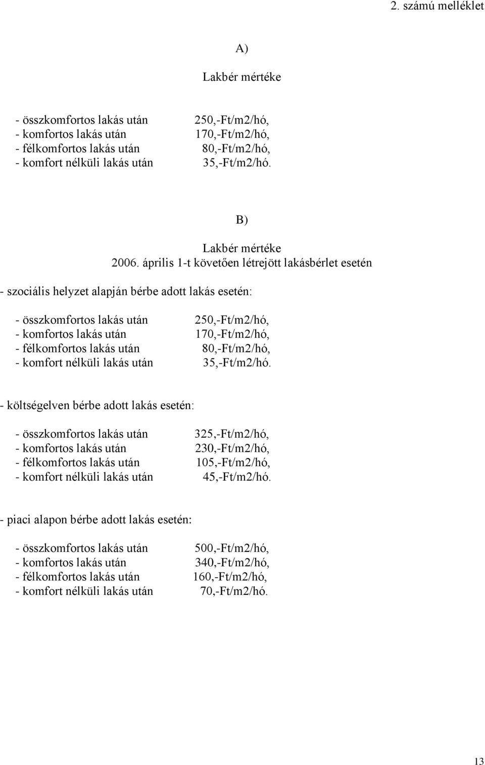 április 1-t követően létrejött lakásbérlet esetén - szociális helyzet alapján bérbe adott lakás esetén: - összkomfortos lakás után 250,-Ft/m2/hó, - komfortos lakás után 170,-Ft/m2/hó, - félkomfortos