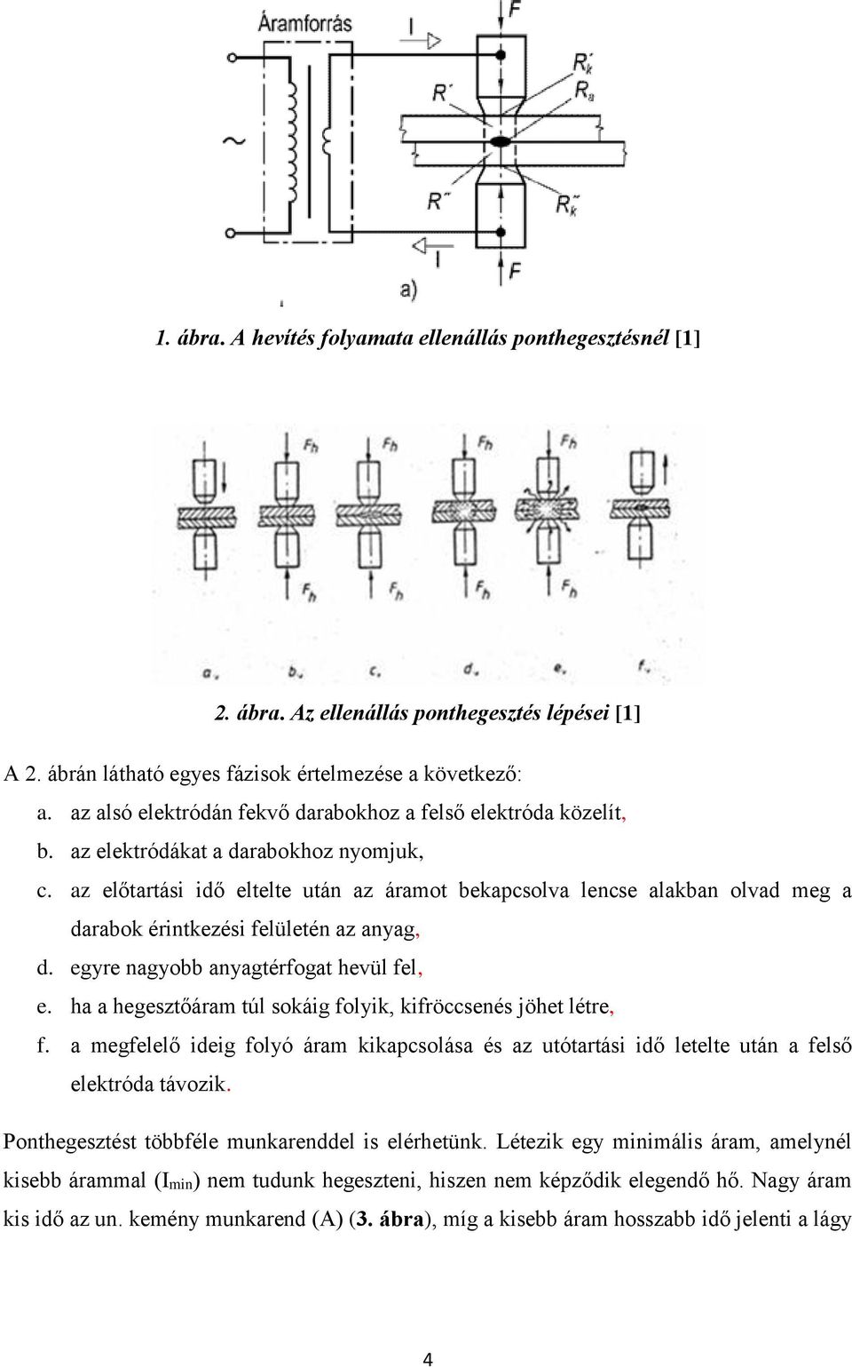az előtartási idő eltelte után az áramot bekapcsolva lencse alakban olvad meg a darabok érintkezési felületén az anyag, d. egyre nagyobb anyagtérfogat hevül fel, e.