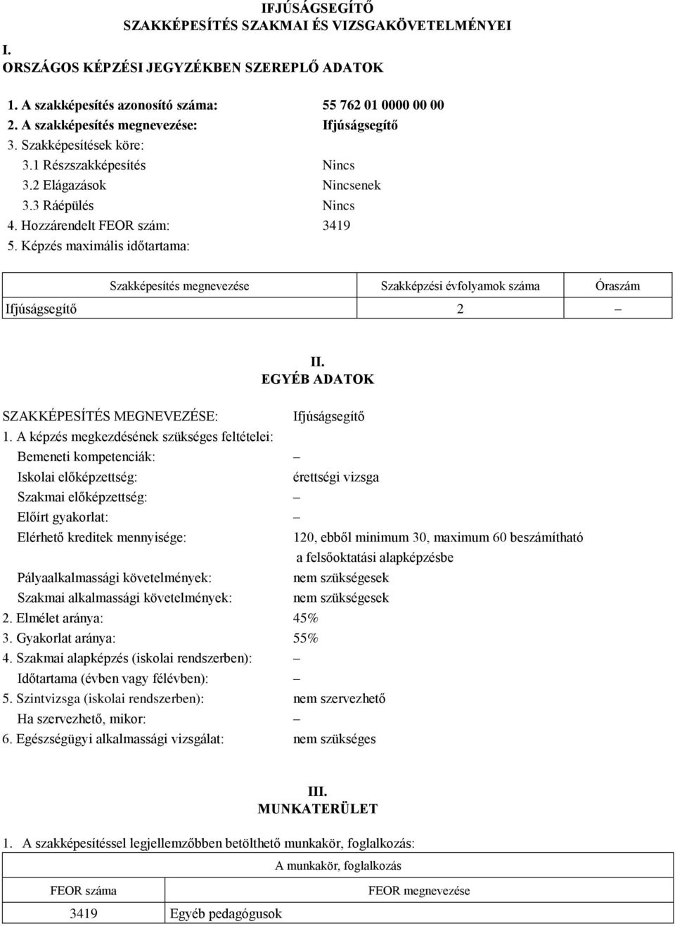 Képzés maximális időtartama: Szakképesítés megnevezése Szakképzési évfolyamok száma Óraszám Ifjúságsegítő 2 II. EGYÉ DTOK SZKKÉPESÍTÉS MEGNEVEZÉSE: 1.