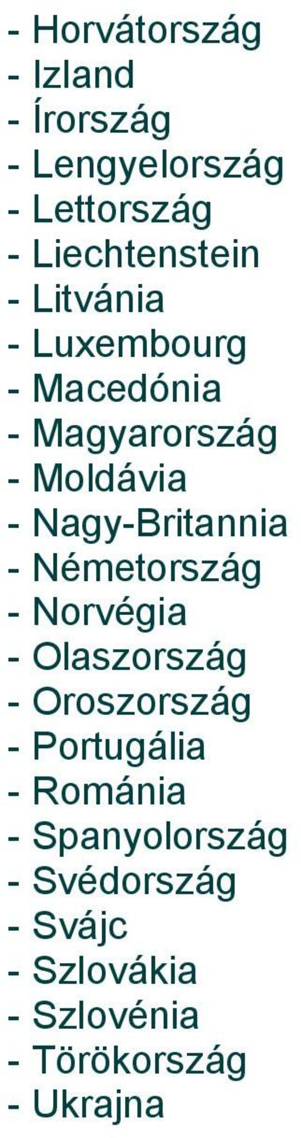 - Németország - Norvégia - Olaszország - Oroszország - Portugália - Románia -