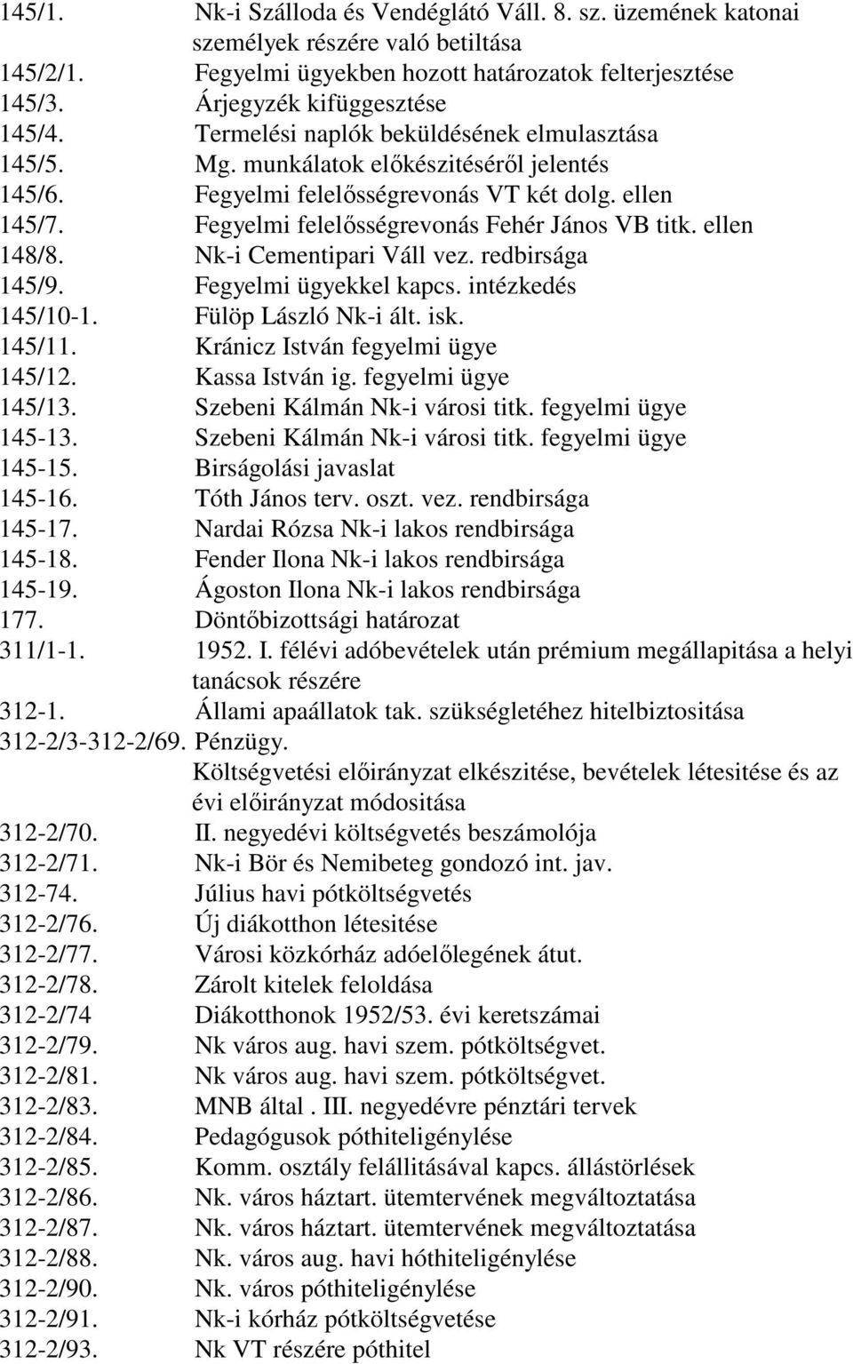 ellen 148/8. Nk-i Cementipari Váll vez. redbirsága 145/9. Fegyelmi ügyekkel kapcs. intézkedés 145/10-1. Fülöp László Nk-i ált. isk. 145/11. Kránicz István fegyelmi ügye 145/12. Kassa István ig.