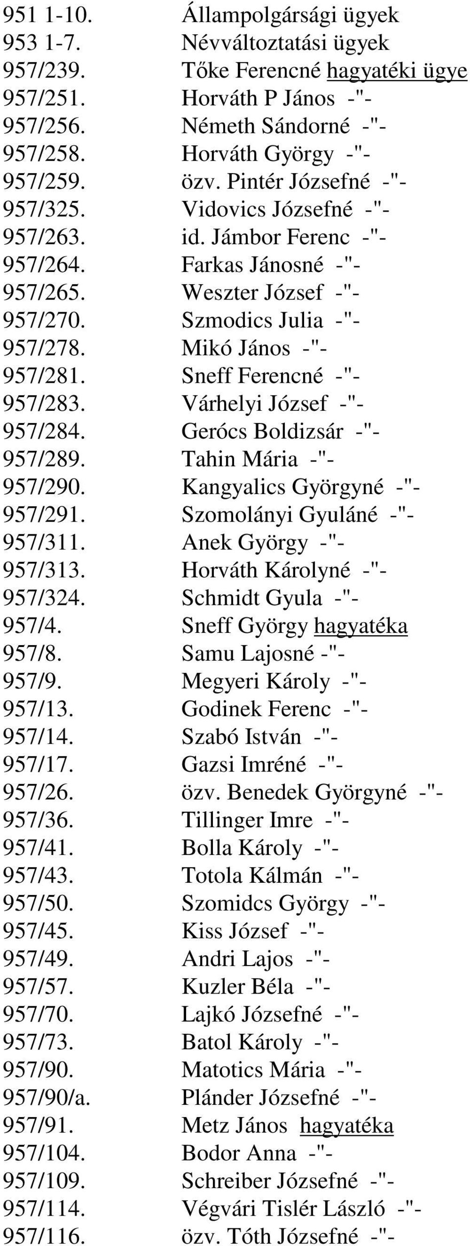 Sneff Ferencné -"- 957/283. Várhelyi József -"- 957/284. Gerócs Boldizsár -"- 957/289. Tahin Mária -"- 957/290. Kangyalics Györgyné -"- 957/291. Szomolányi Gyuláné -"- 957/311.