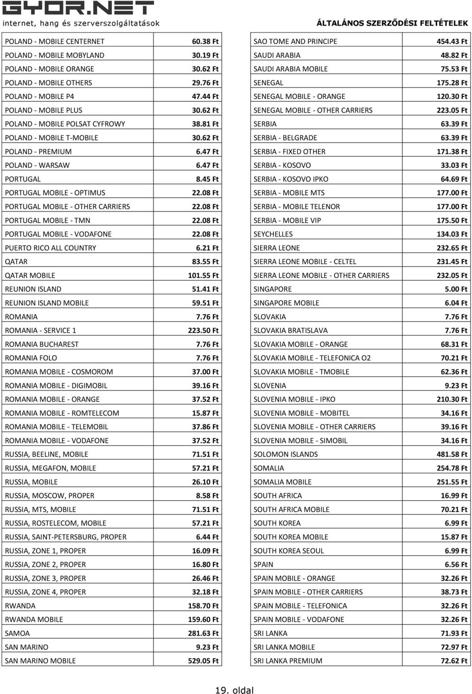 05 Ft POLAND - MOBILE POLSAT CYFROWY 38.81 Ft SERBIA 63.39 Ft POLAND - MOBILE T-MOBILE 30.62 Ft SERBIA - BELGRADE 63.39 Ft POLAND - PREMIUM 6.47 Ft SERBIA - FIXED OTHER 171.38 Ft POLAND - WARSAW 6.