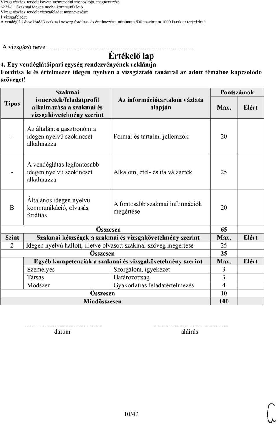 Elért Az általános gasztronómia Formai és tartalmi jellemzők A vendéglátás legfontosabb Alkalom, étel és italválaszték 25 Általános idegen nyelvű kommunikáció, olvasás, fordítás A fontosabb szakmai