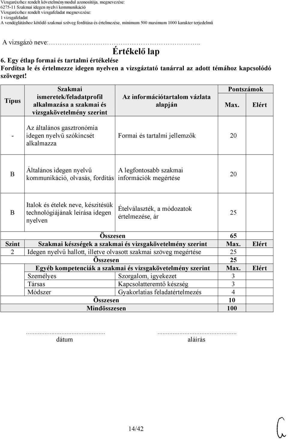 Elért Az általános gasztronómia Formai és tartalmi jellemzők Általános idegen nyelvű kommunikáció, olvasás, fordítás A legfontosabb szakmai információk megértése Italok és ételek neve, készítésük