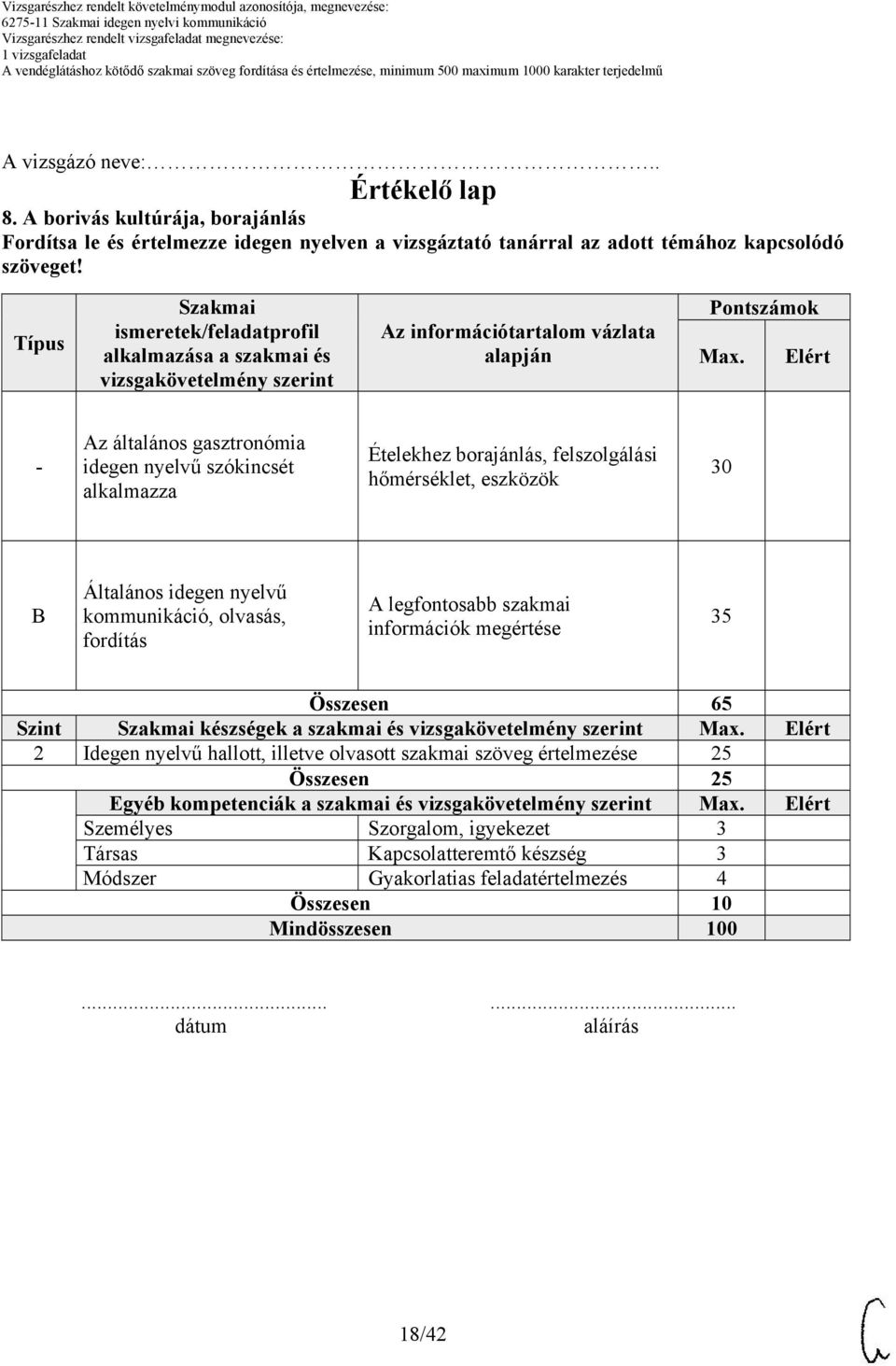 Elért Az általános gasztronómia Ételekhez borajánlás, felszolgálási hőmérséklet, eszközök 30 Általános idegen nyelvű kommunikáció, olvasás, fordítás A legfontosabb szakmai információk megértése 35