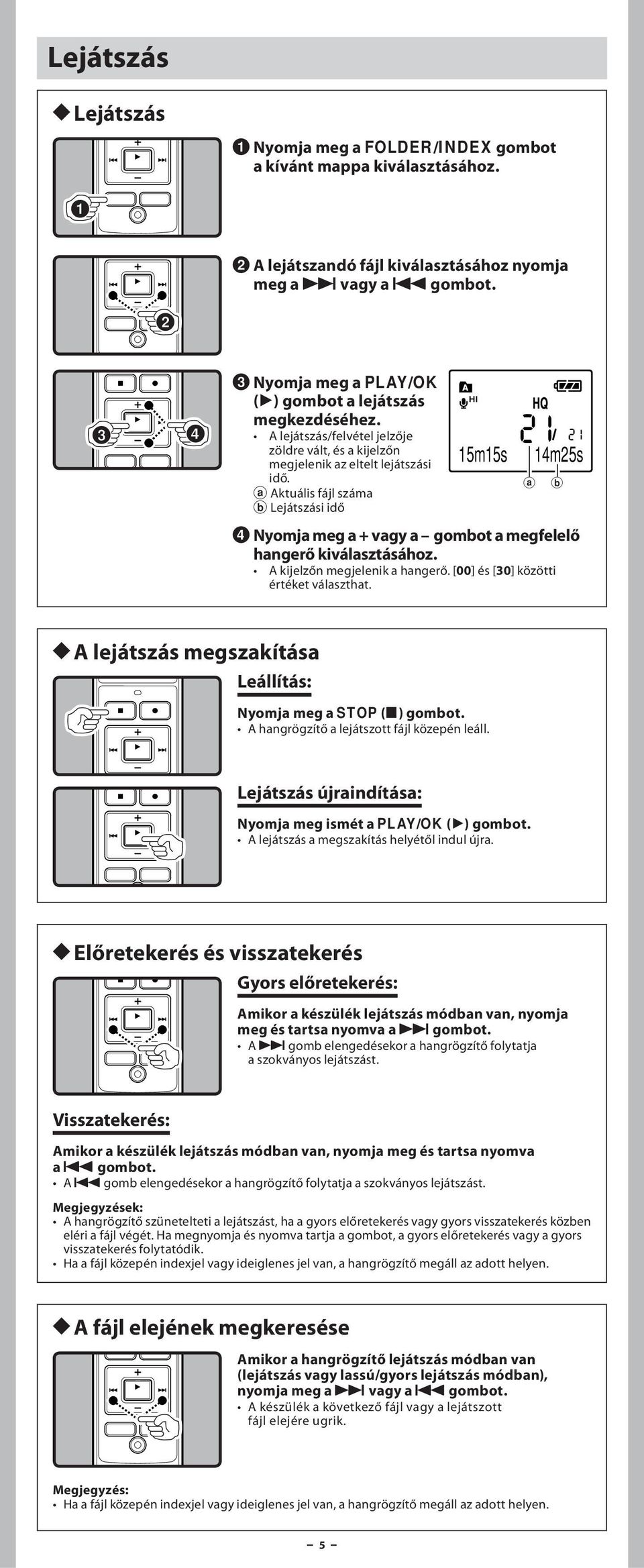 a Aktuális fájl száma b Lejátszási idő 15m15s a 14m25s b 4 Nyomja meg a + vagy a gombot a megfelelő hangerő A kijelzőn megjelenik a hangerő. [00] és [30] közötti értéket választhat.