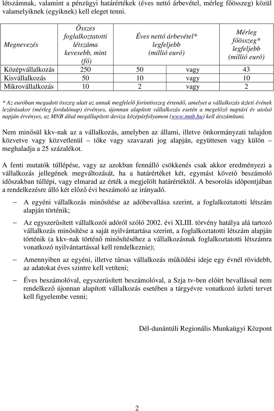 50 10 vagy 10 Mikrovállalkozás 10 vagy * Az euróban megadott összeg alatt az annak megfelelı forintösszeg értendı, amelyet a vállalkozás üzleti évének lezárásakor (mérleg fordulónap) érvényes,