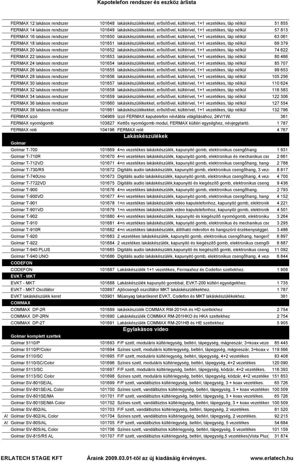 erõsítõvel, kültérivel, 1+1 vezetékes, táp nélkül 69 379 FERMAX 20 lakásos rendszer 101652 lakáskészülékekkel, erõsítõvel, kültérivel, 1+1 vezetékes, táp nélkül 74 622 FERMAX 22 lakásos rendszer