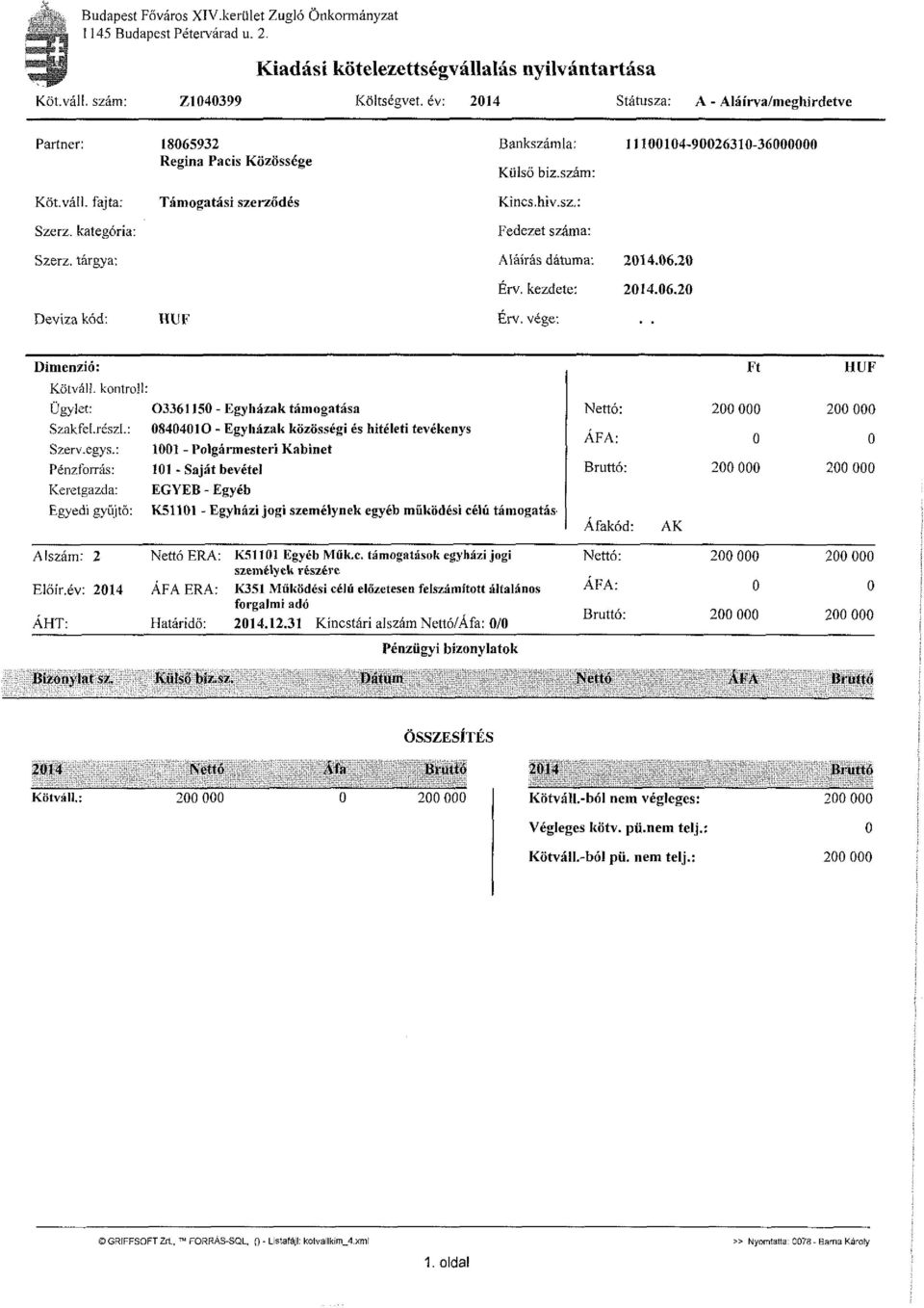 hiv.sz.: Fedezet száma: Szerz. tárgya: Aláírás dátuma: Érv. kezdete: 2014.06.20 2014.06.20 Deviza kód: HUF Érv. vége: Dimenzió: Kötváli. kontroll: Ügylet: 03361150 - Egyházak támogatása Szakfel.részi.