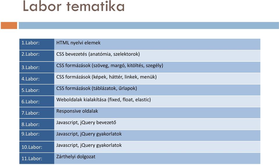 formázások (képek, háttér, linkek, menük) CSS formázások (táblázatok, űrlapok) Weboldalak kialakítása (fixed, float,