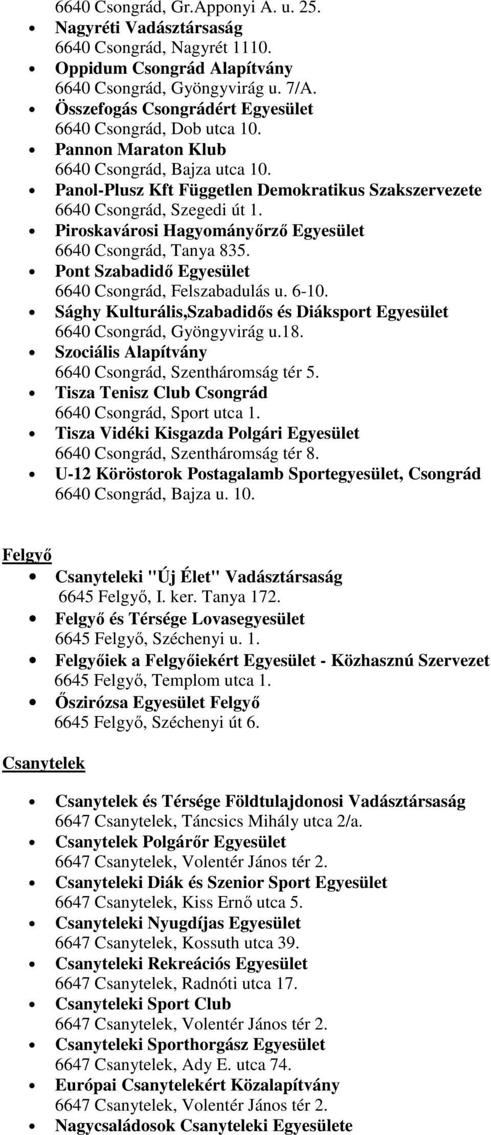 Piroskavárosi Hagyományőrző Egyesület 6640 Csongrád, Tanya 835. Pont Szabadidő Egyesület 6640 Csongrád, Felszabadulás u. 6-10.