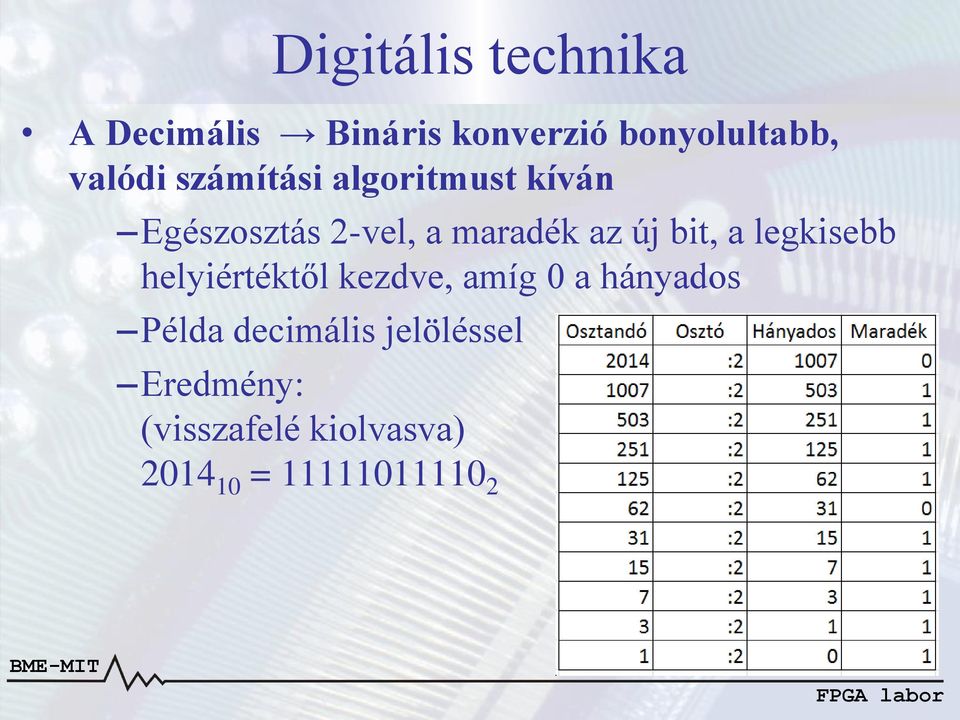 új bit, a legkisebb helyiértéktől kezdve, amíg 0 a hányados Példa