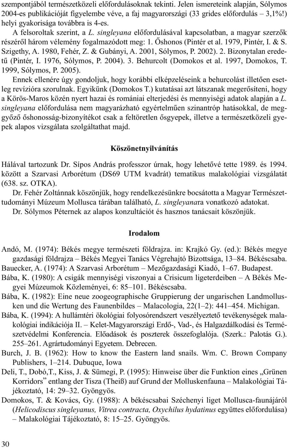 1979, Pintér, I. & S. Szigethy, A. 1980, Fehér, Z. & Gubányi, A. 2001, Sólymos, P. 2002). 2. Bizonytalan eredetû (Pintér, I. 1976, Sólymos, P. 2004). 3. Behurcolt (Domokos et al. 1997, Domokos, T.