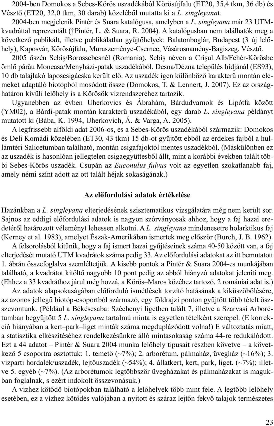 A katalógusban nem találhatók meg a következõ publikált, illetve publikálatlan gyûjtõhelyek: Balatonboglár, Budapest (3 új lelõhely), Kaposvár, Körösújfalu, Muraszeménye-Csernec,