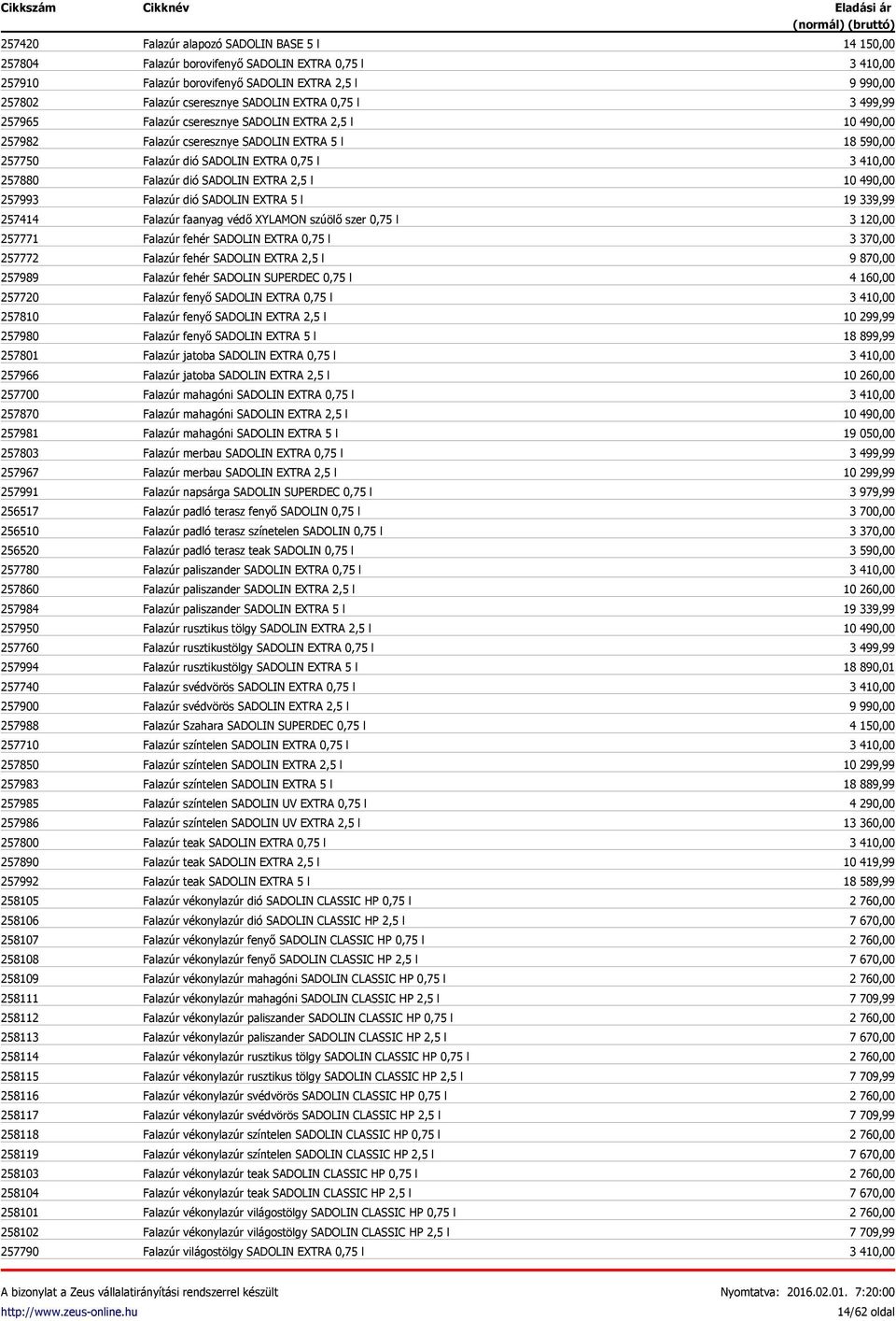 258118 258119 258103 258104 258101 258102 257790 Falazúr alapozó SADOLIN BASE 5 l Falazúr borovifenyő SADOLIN EXTRA 0,75 l Falazúr borovifenyő SADOLIN EXTRA 2,5 l Falazúr cseresznye SADOLIN EXTRA