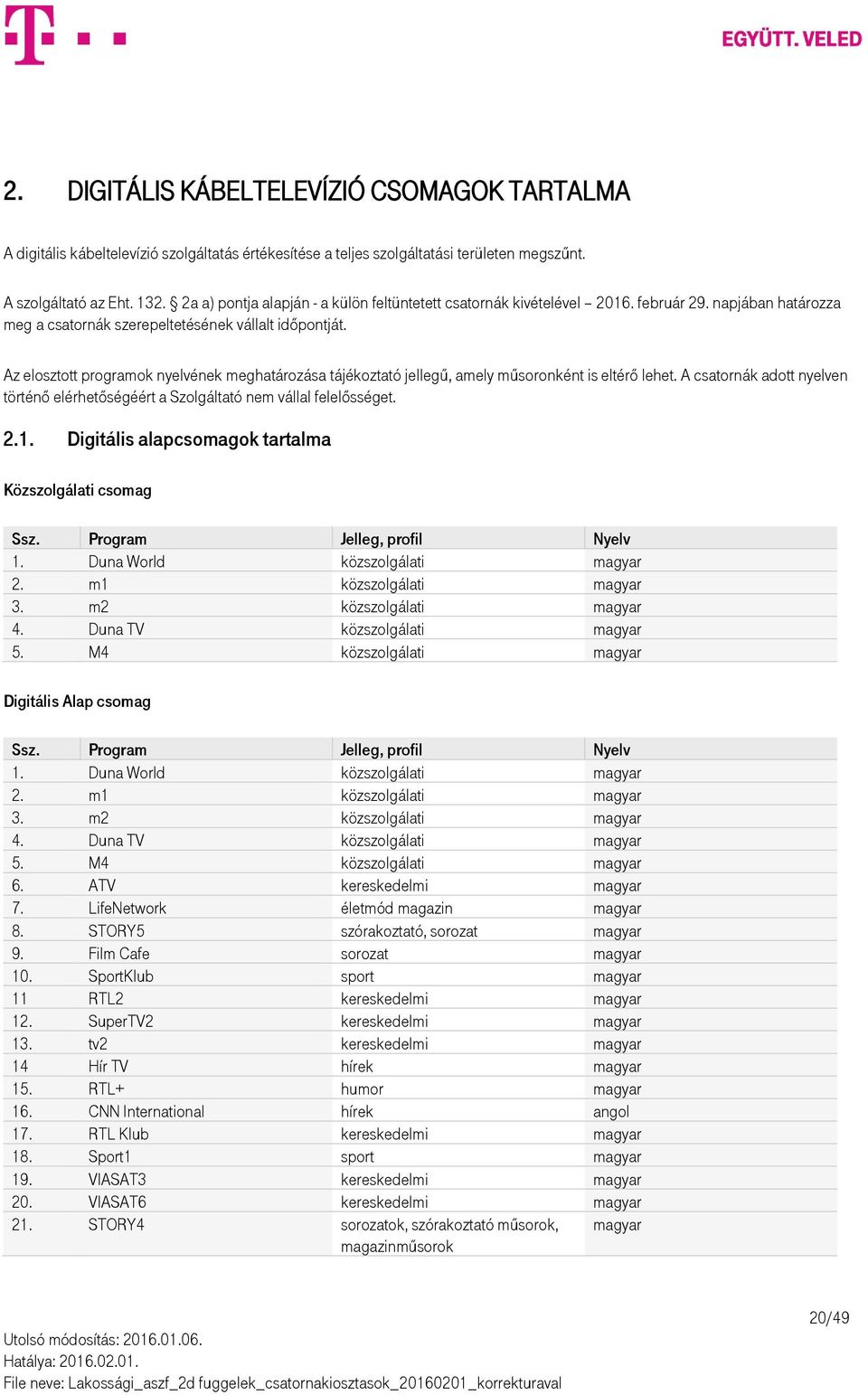 Az elosztott programok nyelvének meghatározása tájékoztató jellegű, amely műsoronként is eltérő lehet. A csatornák adott nyelven történő elérhetőségéért a Szolgáltató nem vállal felelősséget. 2.1.