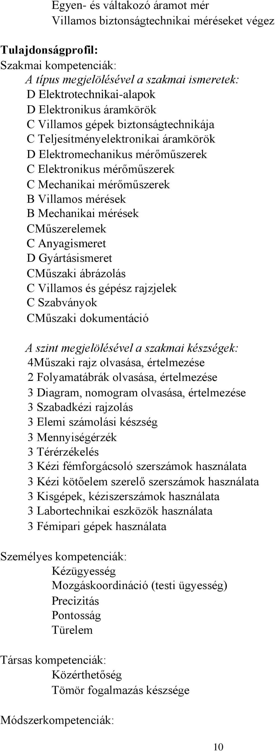 Mechanikai mérések CMűszerelemek C Anyagismeret D Gyártásismeret CMűszaki ábrázolás C Villamos és gépész rajzjelek C Szabványok CMűszaki dokumentáció A szint megjelölésével a szakmai készségek: