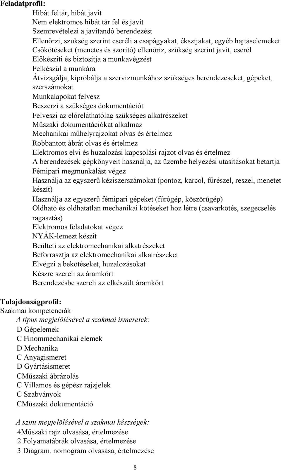 szükséges berendezéseket, gépeket, szerszámokat Munkalapokat felvesz Beszerzi a szükséges dokumentációt Felveszi az előreláthatólag szükséges alkatrészeket Műszaki dokumentációkat alkalmaz Mechanikai