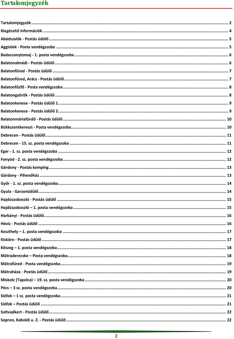 ... 9 Balatonkenese - Postás üdülő 2.... 9 Balatonmáriafürdő - Postás üdülő... 10 Bükkszentkereszt - Posta vendégszoba... 10 Debrecen - Postás üdülő... 11 Debrecen - 15. sz. posta vendégszoba.