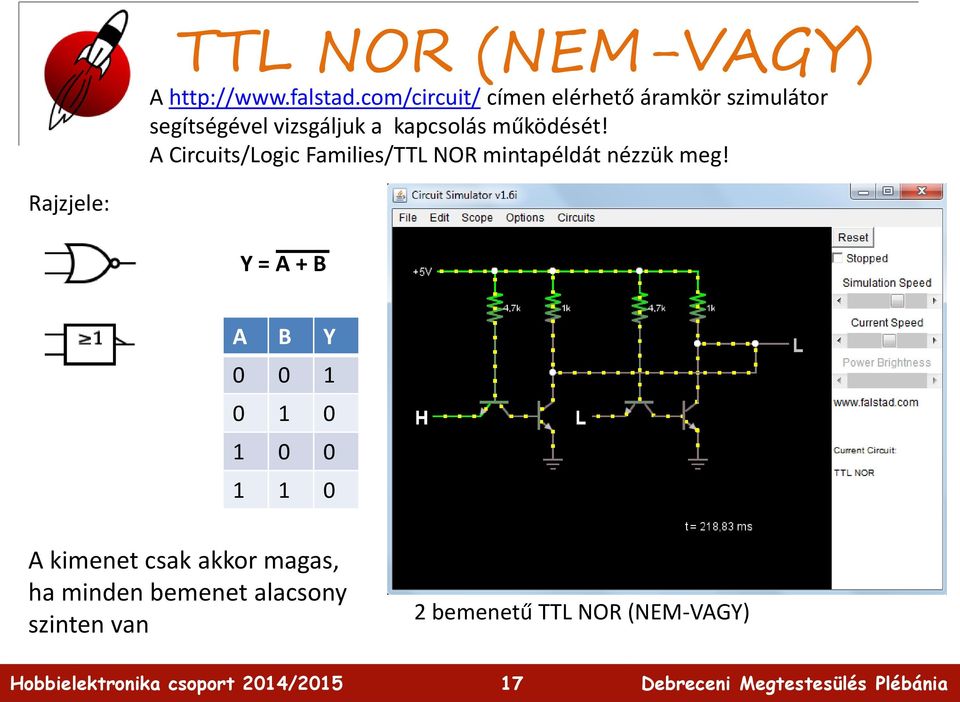 működését! A Circuits/Logic Families/TTL NOR mintapéldát nézzük meg!