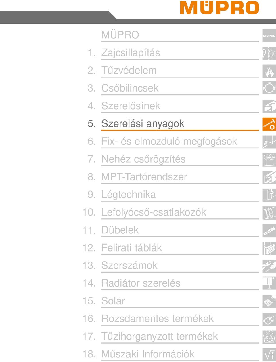 MPT-Tartórendszer 9. Légtechnika 10. Lefolyócső-csatlakozók 11. Dübelek 12.