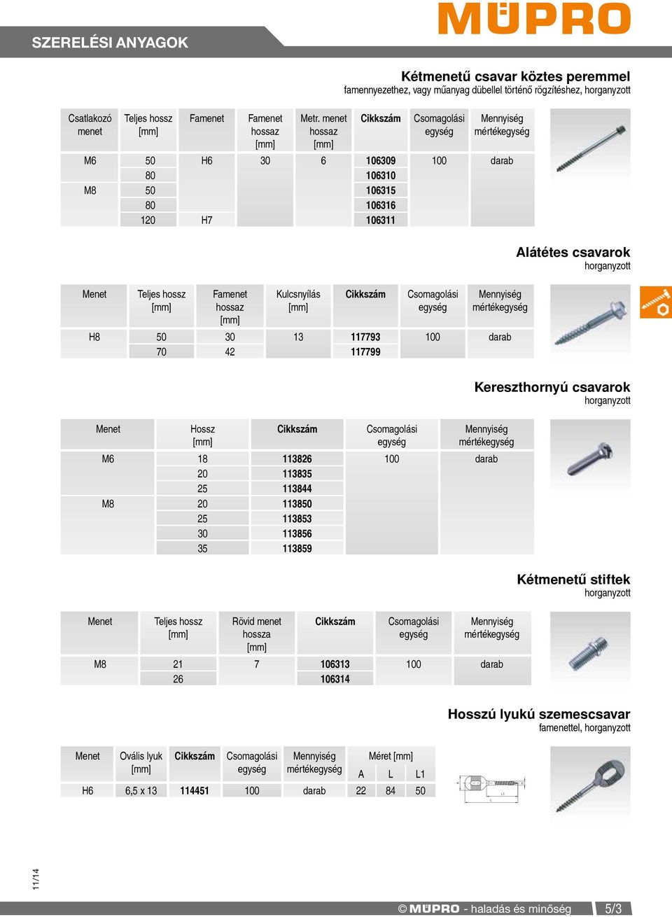 120 H7 106311 Teljes hossz Famenet hossaz Kulcsnyílás H8 50 30 13 117793 100 darab 70 42 117799 Alátétes csavarok Hossz Kereszthornyú csavarok M6 18 113826 100 darab 20