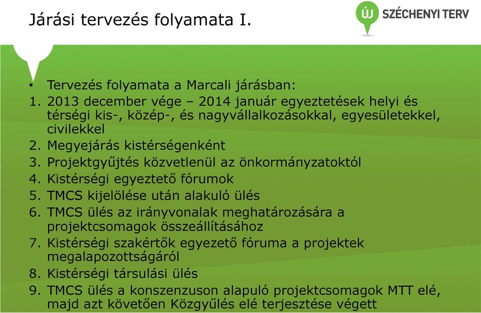 Projektgyűjtés közvetlenül az önkormányzatoktól 4. Kistérségi egyeztető fórumok 5. TMCS kijelölése után alakuló ülés 6.