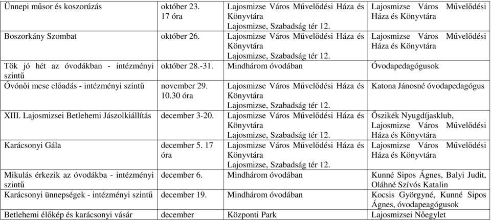 17 óra Háza és Katona Jánosné Őszikék Nyugdíjasklub, Háza és Háza és Mikulás érkezik az óvodákba - intézményi december 6.