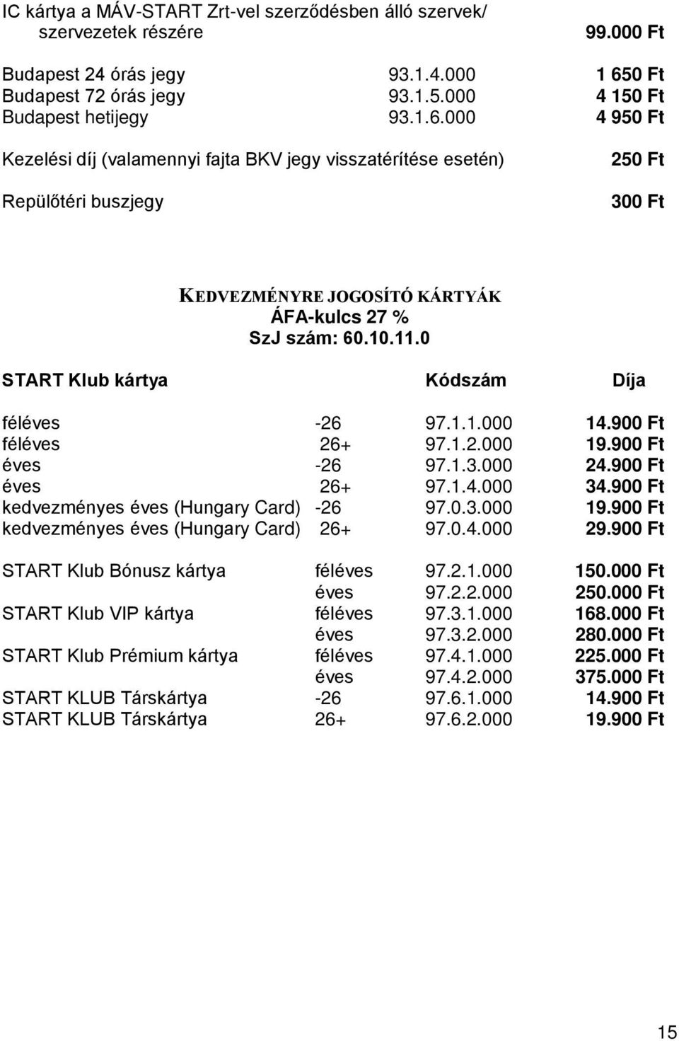 000 4 950 Ft Kezelési díj (valamennyi fajta BKV jegy visszatérítése esetén) Repülőtéri buszjegy 250 Ft 300 Ft KEDVEZMÉNYRE JOGOSÍTÓ KÁRTYÁK ÁFA-kulcs 27 % SzJ szám: 60.10.11.