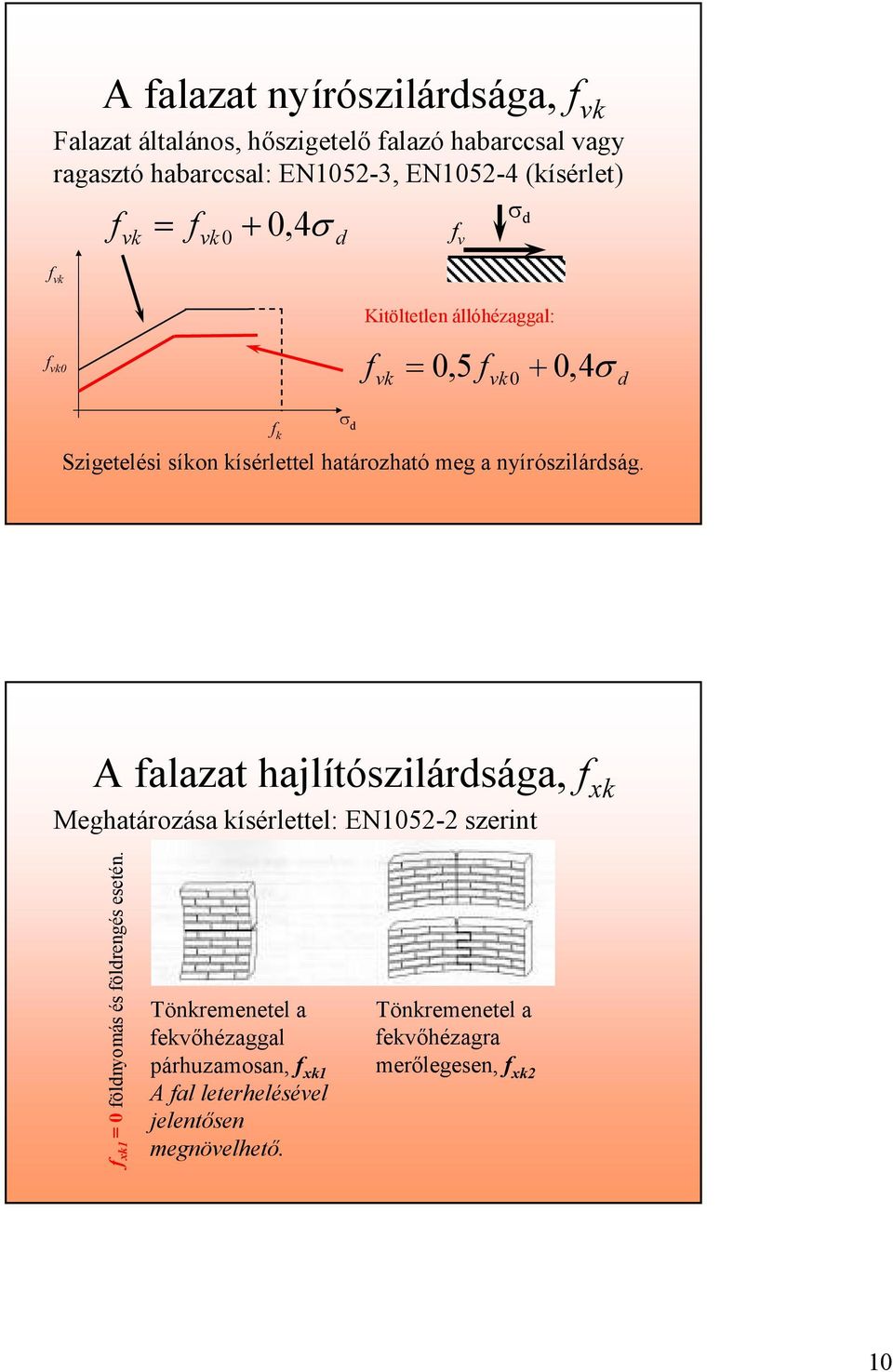 a nyírószilárdság. A falaza hajlíószilárdsága, f xk Meghaározása kísérleel: EN1052-2 szerin f xk1 = 0 földnyomás és földrengés eseén.