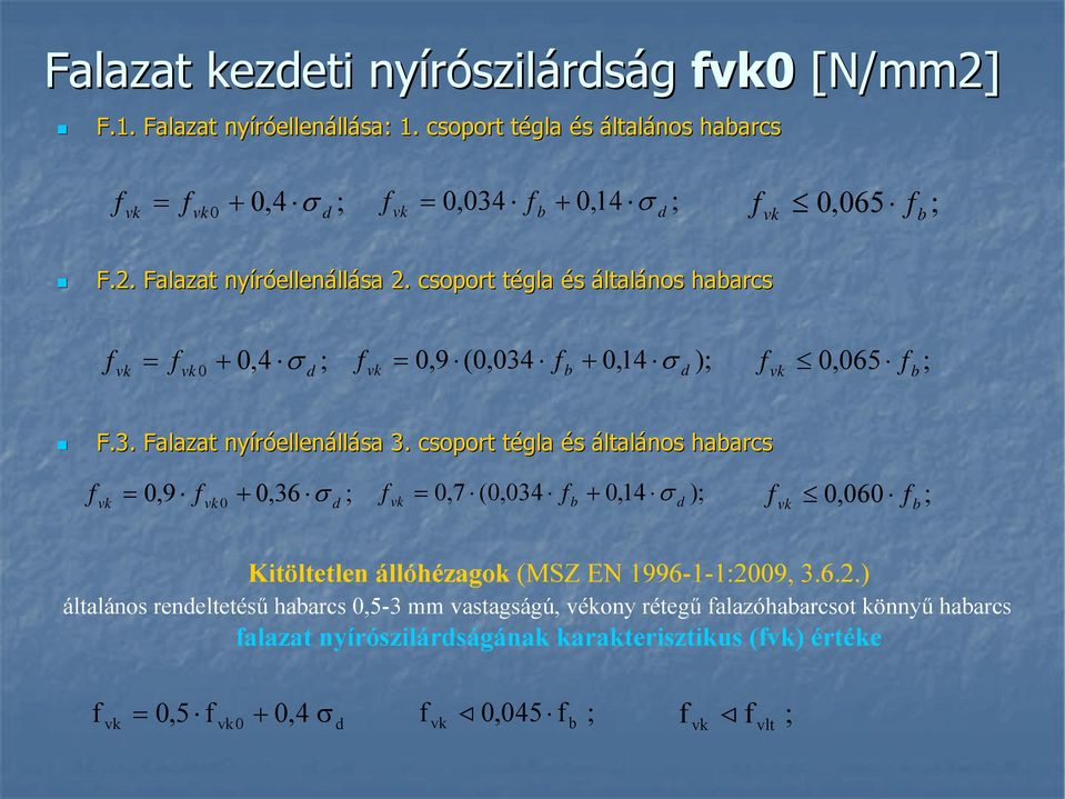 csoport tégla t és általános habarcs f = + 0, σ f 0 d ; f =, (0,0 + 0,1 σ ); f,06 f ; 0 f b d 0 b F.. Falazat nyíróellen ellenállása.