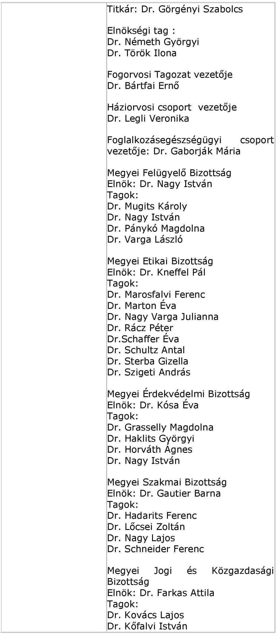 Marosfalvi Ferenc Dr. Marton Éva Dr. Nagy Varga Julianna Dr. Rácz Péter Dr.Schaffer Éva Dr. Schultz Antal Dr. Sterba Gizella Dr. Szigeti András Megyei Érdekvédelmi Bizottság Elnök: Dr. Kósa Éva Dr.