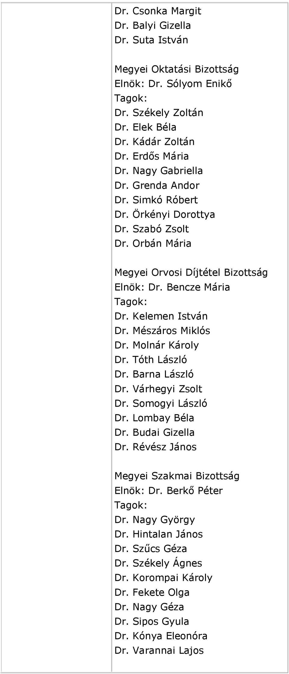 Mészáros Miklós Dr. Molnár Károly Dr. Tóth László Dr. Barna László Dr. Várhegyi Zsolt Dr. Somogyi László Dr. Lombay Béla Dr. Budai Gizella Dr.