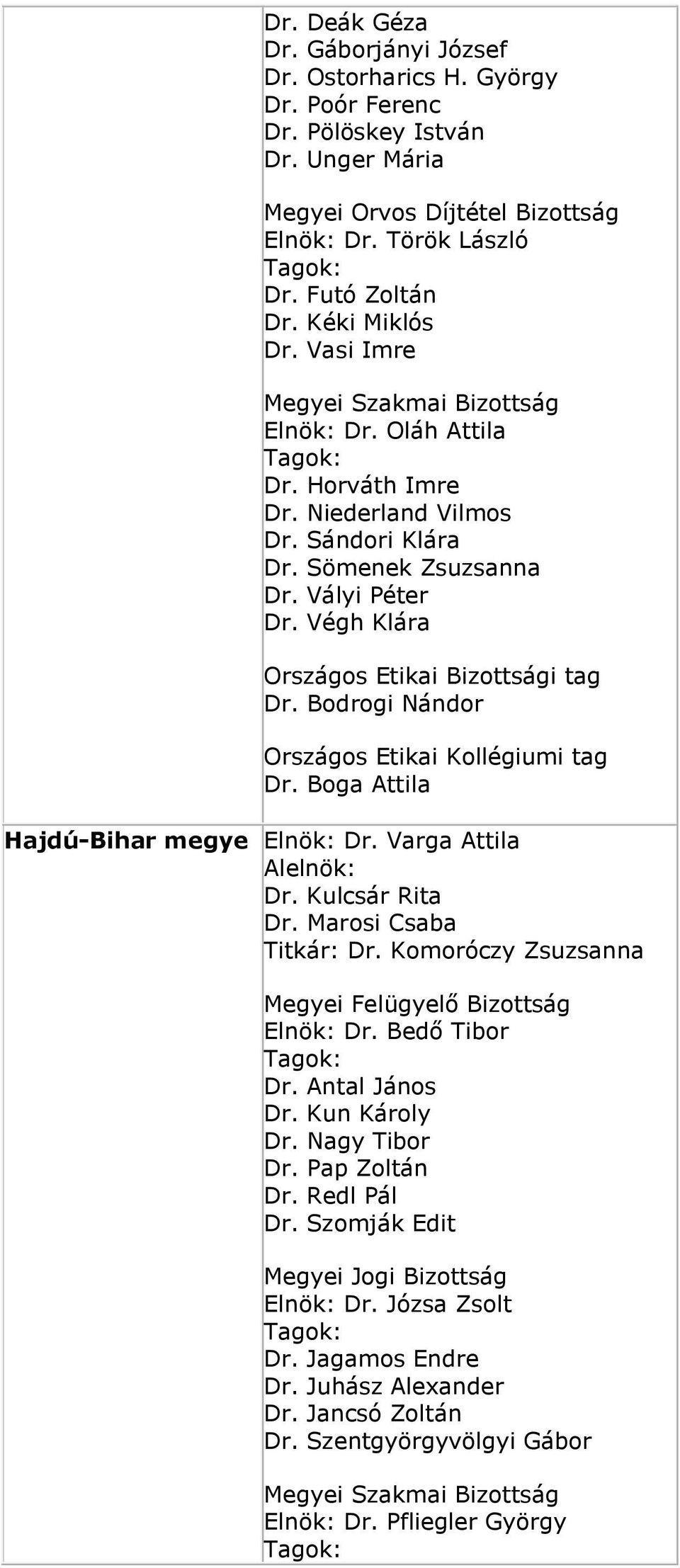 Bodrogi Nándor Dr. Boga Attila Hajdú-Bihar megye Elnök: Dr. Varga Attila Alelnök: Dr. Kulcsár Rita Dr. Marosi Csaba Titkár: Dr. Komoróczy Zsuzsanna Elnök: Dr. Bedő Tibor Dr. Antal János Dr.