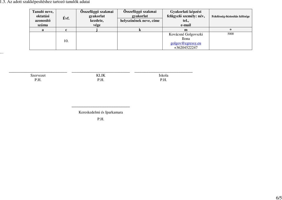 Gyakorlati képzést felügyelő személy: név, tel., e-mail Felelősség-biztosítás költsége a c j k m o 10.